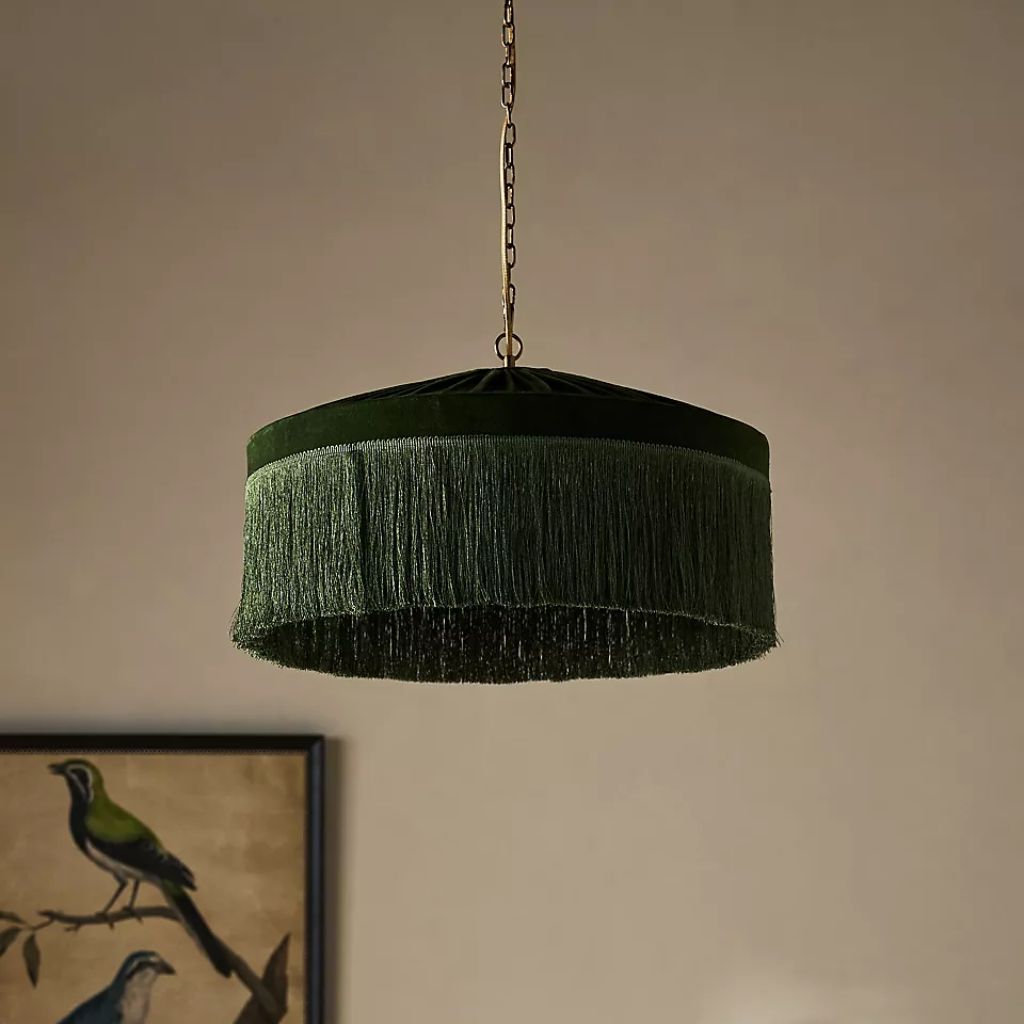 SINCLAIR TASSEL FRINGED VELVET PENDANT IN GREEN SINCLAIR TASSEL FRINGED VELVET PENDANT IN GREEN
