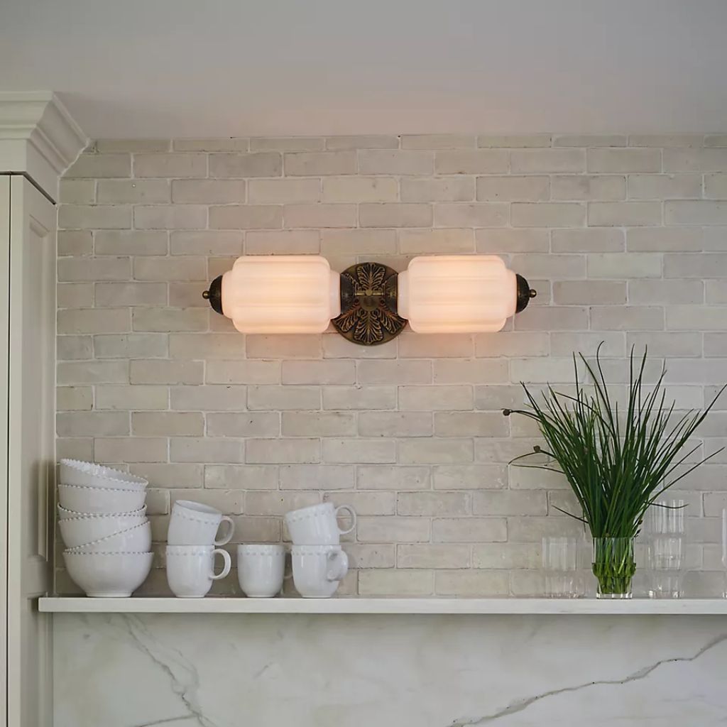 THE ELOISE WHITE GLASS BRASS VANITY WALL SCONCE THE ELOISE WHITE GLASS BRASS VANITY WALL SCONCE