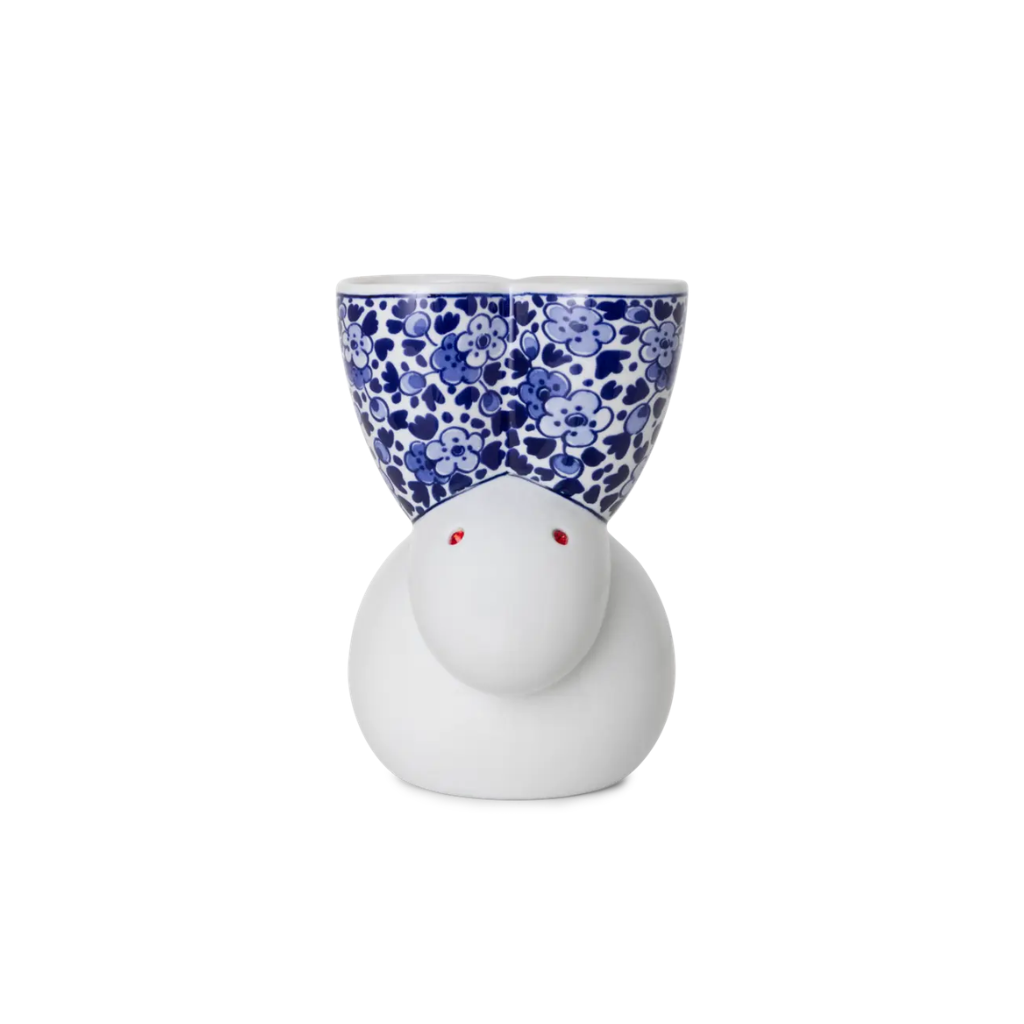 DELFT BLUE RABBIT VASE BY MARCEL WANDERS in white matte porcelain with blue and white floral Delft bowl and red gem eyes DELFT BLUE RABBIT VASE BY MARCEL WANDERS in white matte porcelain with blue and white floral Delft bowl and red gem eyes