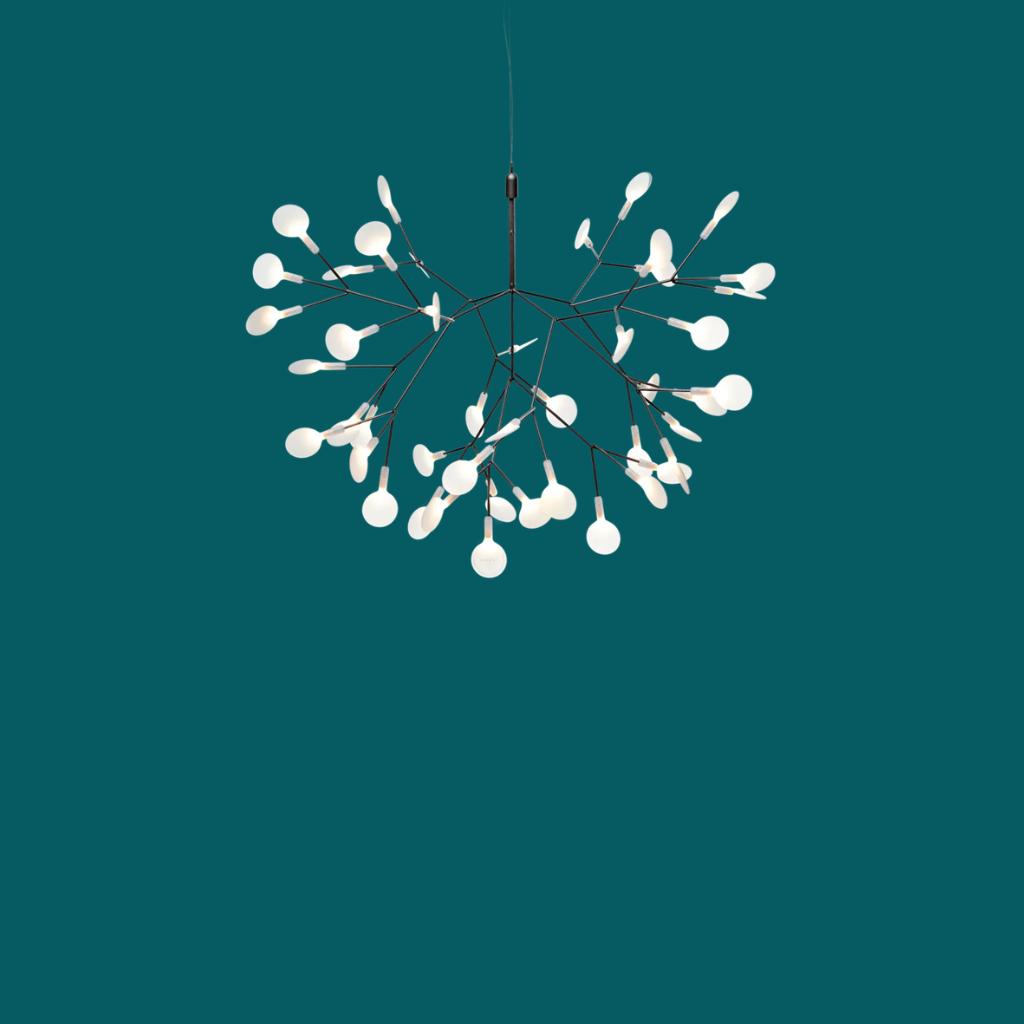 HERACLEUM NICKEL PENDANT LIGHT BY BERTJAN POT, wire branches with white leaf-shaped polycarbonate lenses HERACLEUM NICKEL PENDANT LIGHT BY BERTJAN POT, wire branches with white leaf-shaped polycarbonate lenses