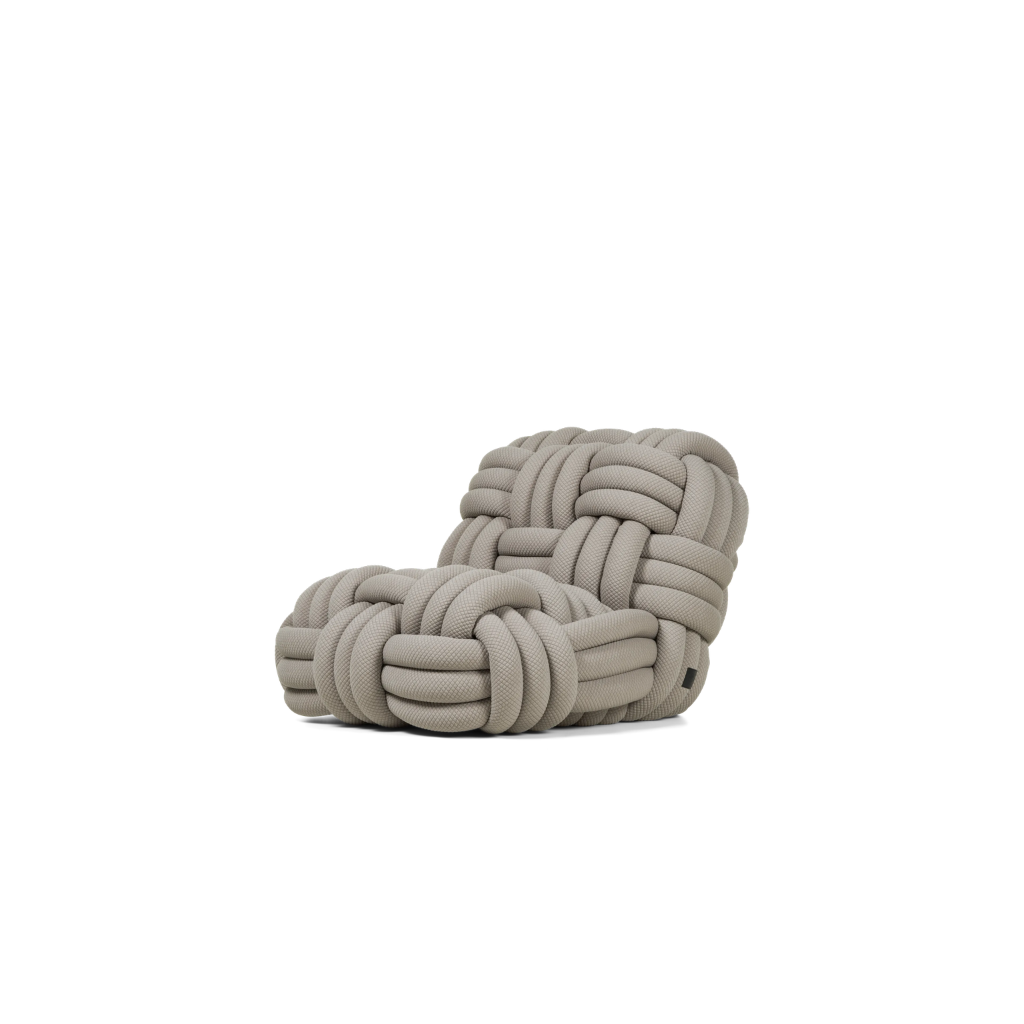 KNITTY LOUNGE CHAIR BY NIKA ZUPANC in taupe, oversized chunky woven rope basket weave low lounge chair, front angle view KNITTY LOUNGE CHAIR BY NIKA ZUPANC in taupe, oversized chunky woven rope basket weave low lounge chair, front angle view