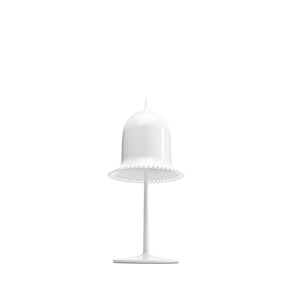 LOLITA WHITE TABLE LAMP BY NIKA ZUPANC with scalloped lace-edge shade on a slender white stem and disc base LOLITA WHITE TABLE LAMP BY NIKA ZUPANC with scalloped lace-edge shade on a slender white stem and disc base