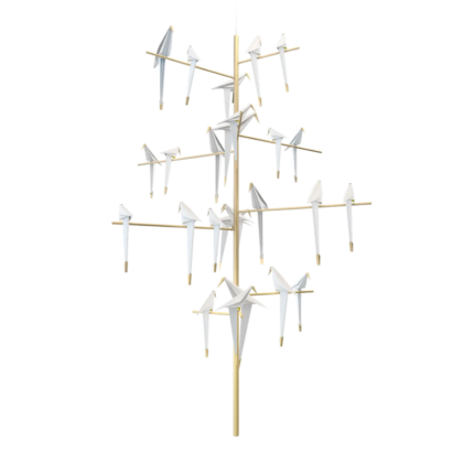 PERCH TREE CHANDELIER BY UMUT YAMAC with white origami birds across tiered brass horizontal arms on a central vertical brass pole
