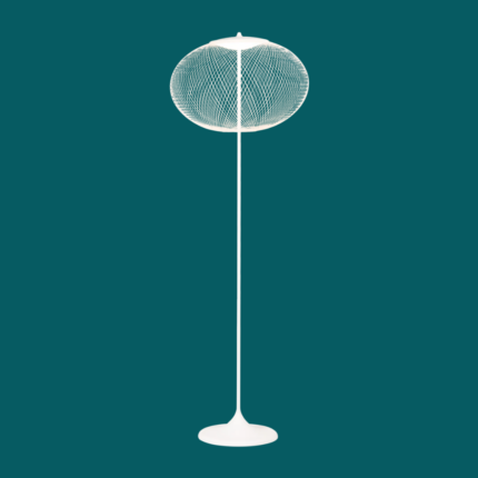 NR2 WHITE FLOOR LAMP BY BERTJAN POT on a slender white powdercoated steel stand against a teal background