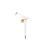PERCH WALL LIGHT BY UMUT YAMAC,white origami bird wall sconce on a circular brass mount, side profile on white background