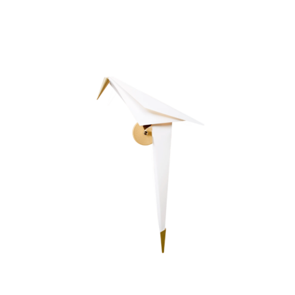 PERCH WALL LIGHT BY UMUT YAMAC,white origami bird wall sconce on a circular brass mount, side profile on white background