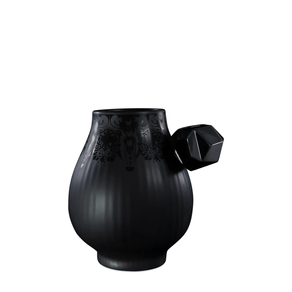 DELFT BLACK EDITION VASE BY MARCEL WANDERS — matte black ribbed porcelain vase with faceted geometric jewel protrusion DELFT BLACK EDITION VASE BY MARCEL WANDERS — matte black ribbed porcelain vase with faceted geometric jewel protrusion