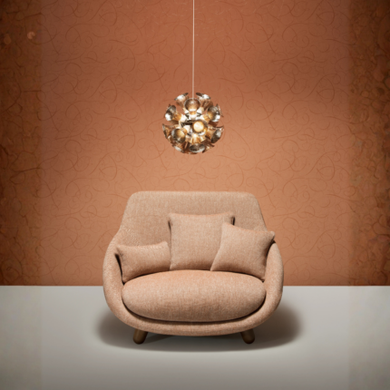 LOVE HIGHBACK SOFA BY MARCEL WANDERS in terracotta woven fabric with sculpted high back, two cushions, and rounded wooden legs