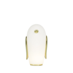 PET PENGUIN TABLE LAMP BY MARCEL WANDERS — tall glass body with gold wings, small crown button, and circular gold base