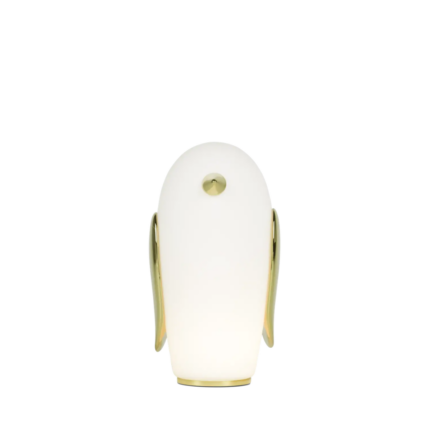 PET PENGUIN TABLE LAMP BY MARCEL WANDERS — tall glass body with gold wings, small crown button, and circular gold base