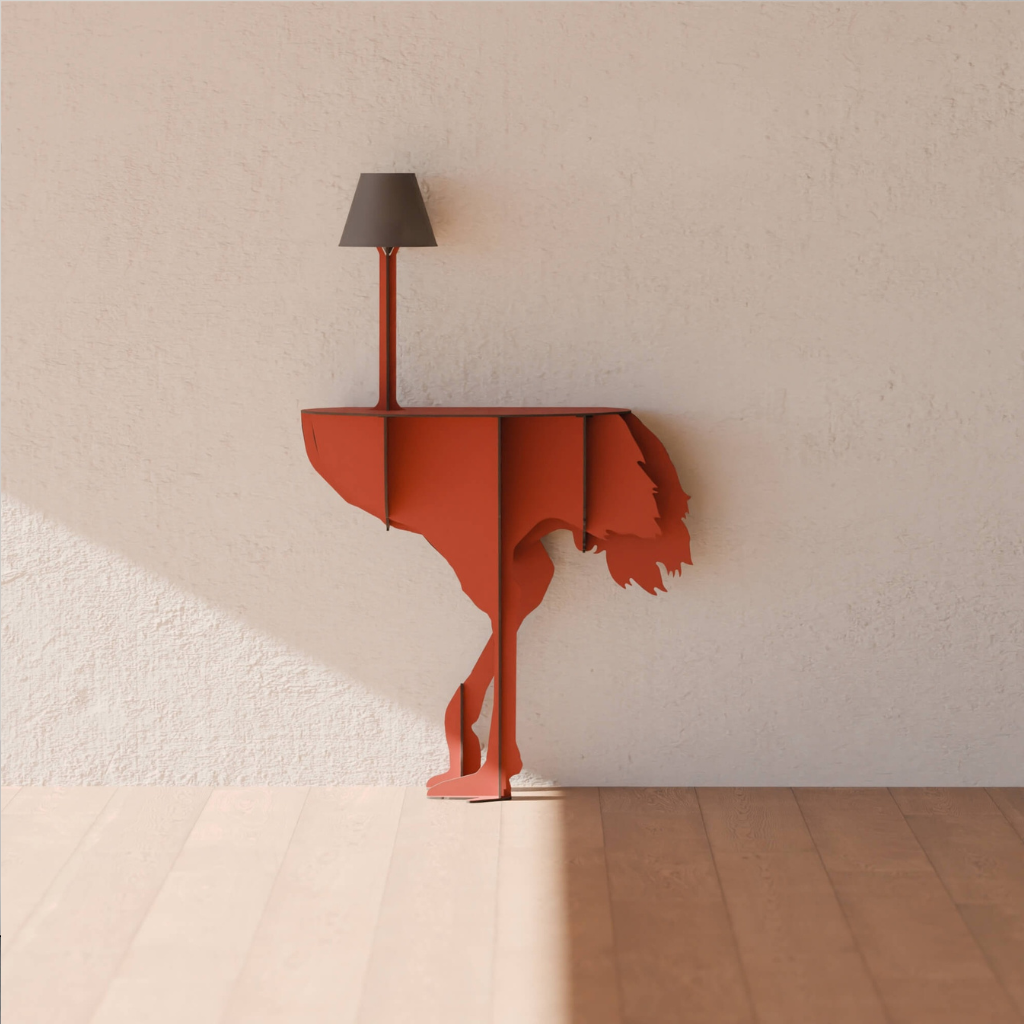 TERRACOTA OSTRICH WALL LAMP by Rachel & Benoît Convers — flat cut terracotta ostrich body with slim pole and dark lamp shade, against a warm cream plaster wall TERRACOTA OSTRICH WALL LAMP by Rachel & Benoît Convers — flat cut terracotta ostrich body with slim pole and dark lamp shade, against a warm cream plaster wall