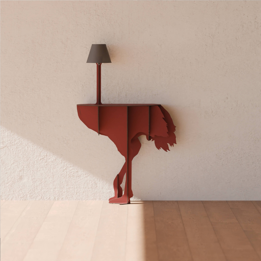RED OSTRICH WALL LAMP by Rachel & Benoît Convers — deep red flat cut ostrich body with slim pole and dark lamp shade, against warm cream plaster wall RED OSTRICH WALL LAMP by Rachel & Benoît Convers — deep red flat cut ostrich body with slim pole and dark lamp shade, against warm cream plaster wall