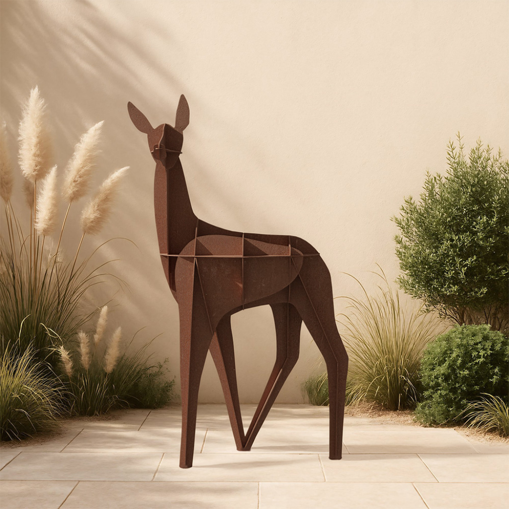 DOE CONSOLE BY RACHEL & BENOIT CONVERS standing outdoors beside pampas grass, H.150 × L.96 × P.34 cm, made in France by Ibride. DOE CONSOLE BY RACHEL & BENOIT CONVERS standing outdoors beside pampas grass, H.150 × L.96 × P.34 cm, made in France by Ibride.