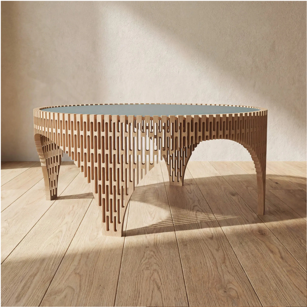 COLISEE COFFEE TABLE BY FREDERIK DELBART — circular solid oak openwork base with Vert Comodoro Fenix top, Ø80 × H.35 cm, made in France. COLISEE COFFEE TABLE BY FREDERIK DELBART — circular solid oak openwork base with Vert Comodoro Fenix top, Ø80 × H.35 cm, made in France.