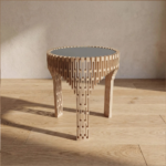 PETIT COLISEE COFFEE TABLE BY FREDERIK DELBART — tripod solid oak openwork base with Vert Comodoro Fenix top, H.45 × Ø40 cm, France.