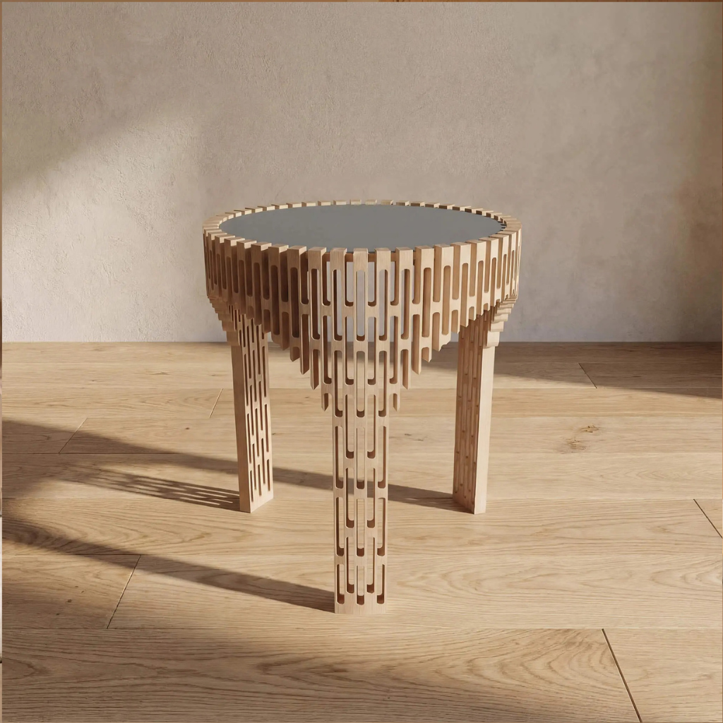 PETIT COLISEE COFFEE TABLE BY FREDERIK DELBART — tripod solid oak openwork base with Vert Comodoro Fenix top, H.45 × Ø40 cm, France. PETIT COLISEE COFFEE TABLE BY FREDERIK DELBART — tripod solid oak openwork base with Vert Comodoro Fenix top, H.45 × Ø40 cm, France.