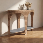 MASSIMO COFFEE TABLE BY FREDERIK DELBART — solid oak openwork arch base with double Vert Comodoro Fenix tops, L.122 × P.42 × H.91 cm, France.