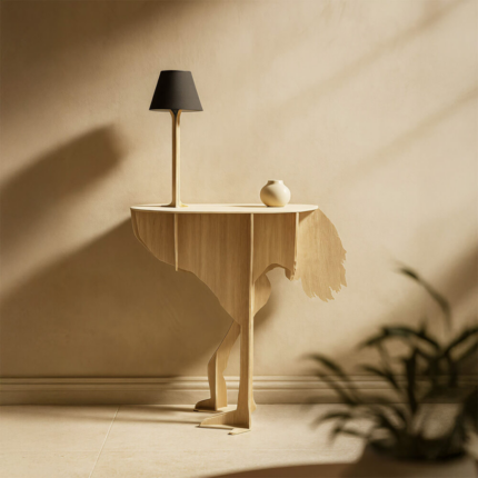 CHENE OSTRICH WALL LAMP with integrated lamp by Rachel & Benoît Convers — solid oak, H.151 × L.92 × P.34 cm, made in France.