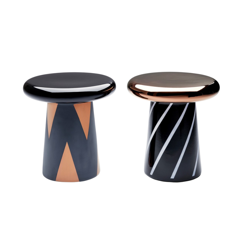 WAVE T TABLE BY JAIME HAYON — black & copper geometric and black & white stripe ceramic mushroom side tables, glossy finish, paired display. WAVE T TABLE BY JAIME HAYON — black & copper geometric and black & white stripe ceramic mushroom side tables, glossy finish, paired display.