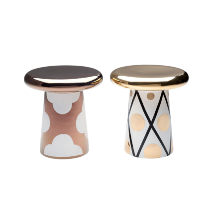 CURLY T TABLE BY JAIME HAYON — rose copper scallop arch and gold harlequin dot ceramic mushroom side tables with polished metallic caps.