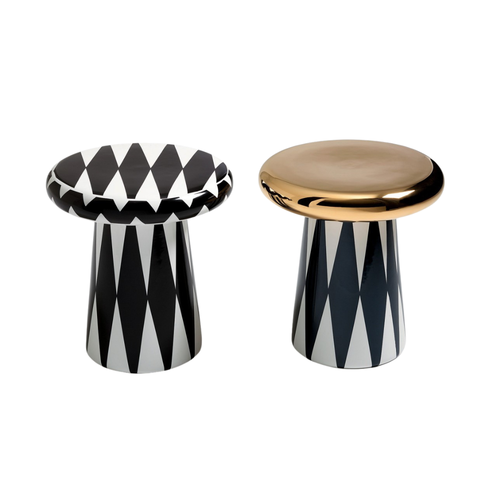 VERTICAL STRIPES T TABLE BY JAIME HAYON — all-over black & white harlequin and gold-cap navy harlequin ceramic mushroom side tables displayed together. VERTICAL STRIPES T TABLE BY JAIME HAYON — all-over black & white harlequin and gold-cap navy harlequin ceramic mushroom side tables displayed together.