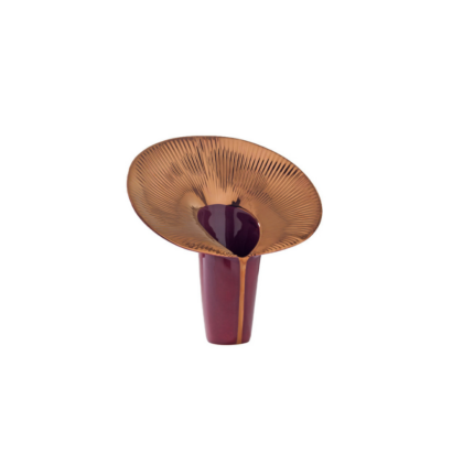 BURGUNDY FUSCA VASE BY CONSTANCE GUISSET — glossy ceramic base with wide tilted copper-gold radiating disc rim, organic calla lily silhouette.