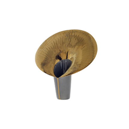 GOLD FUSCA VASE BY CONSTANCE GUISSET — gloss grey ceramic base with wide tilted gold radiating ridged disc rim, calla lily silhouette form.