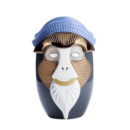 PRIMATES BRAZZA NAVY VASE BY ELENA SALMISTRARO — navy ceramic vase sculpted as Brazza's monkey face with gold details, blue crest, copper cheeks. H.40 cm.