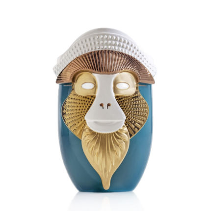 PRIMATES BRAZZA OTTANIO BY ELENA SALMISTRARO— teal ceramic vase with sculpted gold monkey face, white dotted crest, and rose copper brow detail.