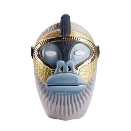 PRIMATES KANDTI VASE BY ELENA SALMISTRARO — grey ribbed ceramic vase as golden monkey face with blue-grey skin, gold eye mask, and dark navy crown crest.