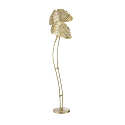 GINGKO DOUBLE STEM BRASS FLOOR LAMP — two curved polished brass stems topped with large ribbed ginkgo leaf shades on a circular brass base.