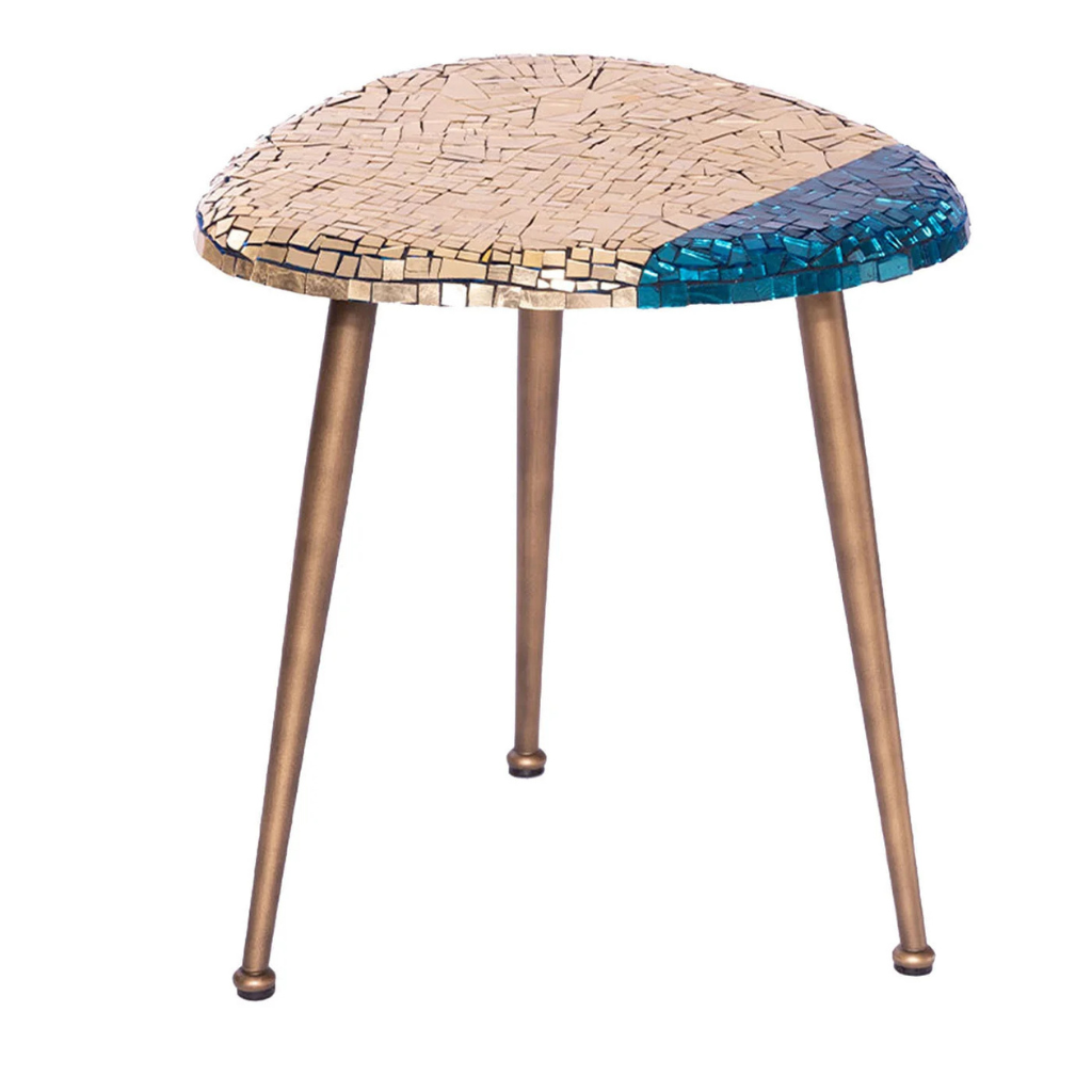 ALBA COFFEE TABLE BY MICHELA NARDIN — organic mosaic top with 24K gold and vivid blue Orsoni glass tiles on three tapered antiqued brass legs. ALBA COFFEE TABLE BY MICHELA NARDIN — organic mosaic top with 24K gold and vivid blue Orsoni glass tiles on three tapered antiqued brass legs.