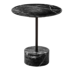 BLACK MARBLE SIDE TABLE BY PIERO LISSONI — round black marble top on slim dark metal stem rising from a solid cylindrical black marble base.