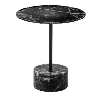 BLACK MARBLE SIDE TABLE BY PIERO LISSONI — round black marble top on slim dark metal stem rising from a solid cylindrical black marble base.