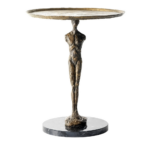 BRONZE HIM SIDE TABLE — antique bronze male figure sculpture base with beveled tray top and polished round black marble base