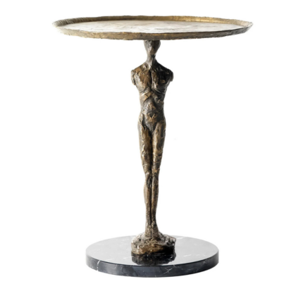 BRONZE HIM SIDE TABLE — antique bronze male figure sculpture base with beveled tray top and polished round black marble base