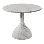 STARDUST ROUND CARRARA MARBLE SIDE TABLE BY MARCO PIVA — white honed marble round top with CNC linear grooves and sculptural base
