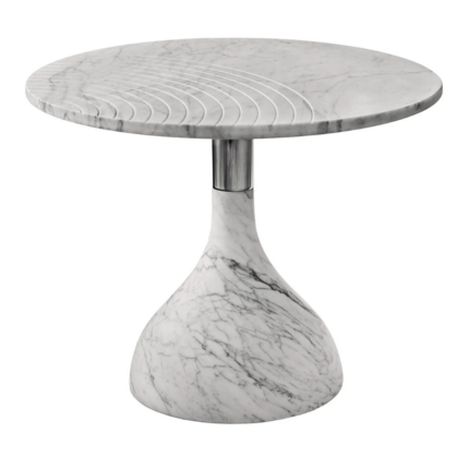 STARDUST ROUND CARRARA MARBLE SIDE TABLE BY MARCO PIVA — white honed marble round top with CNC linear grooves and sculptural base