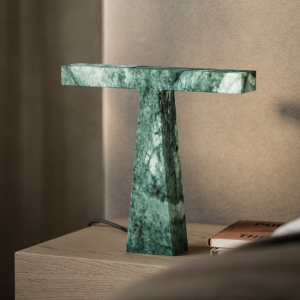 BRUCHI VERDE GUATEMALA TABLE LAMP BY NIKO KORONIS — green Guatemala marble T-shaped minimalist lamp, LED ready, UL & CE certified