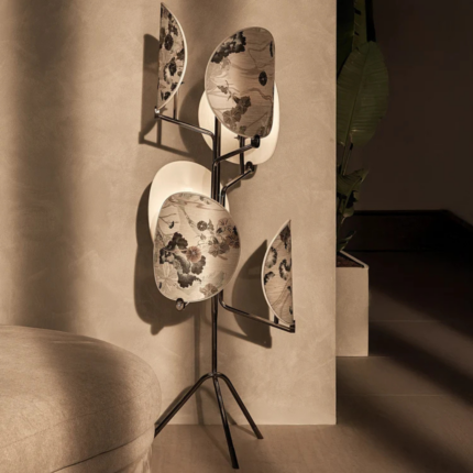 AKIRA IVORY SIX LIGHT FLOOR LAMP — six floral ivory disc shades on polished brass tripod base with curved arms and botanical print