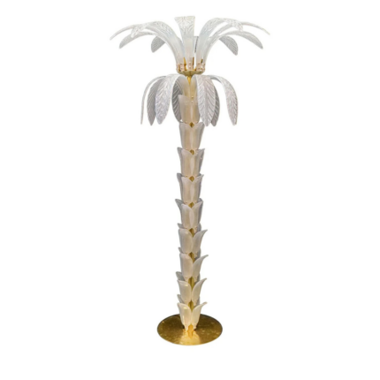 PALMA WHITE FLOOR LAMP — opaline white Murano glass palm tree floor lamp with layered glass fronds and gold-finished brass base