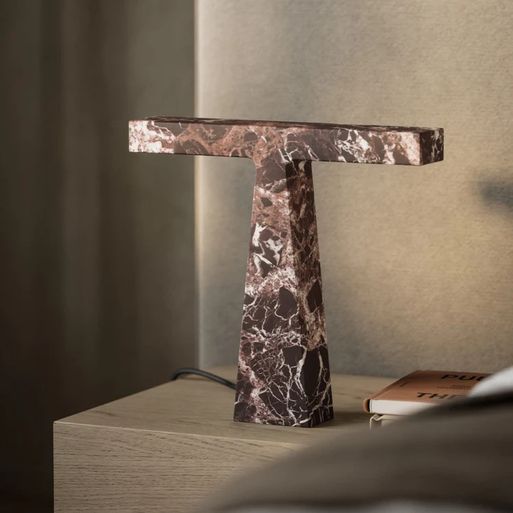 BRUCHI RED LEVANTO TABLE LAMP BY NIKO KORONIS — deep burgundy T-shaped red Levanto marble table lamp, LED ready, UL & CE certified BRUCHI RED LEVANTO TABLE LAMP BY NIKO KORONIS — deep burgundy T-shaped red Levanto marble table lamp, LED ready, UL & CE certified