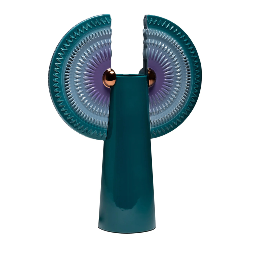 SOLAR DISC BIRD WITH WINGS BISCAY BAY CERAMIC VASE — deep teal cylindrical vase with violet-centre disc wings and copper sphere connectors SOLAR DISC BIRD WITH WINGS BISCAY BAY CERAMIC VASE — deep teal cylindrical vase with violet-centre disc wings and copper sphere connectors