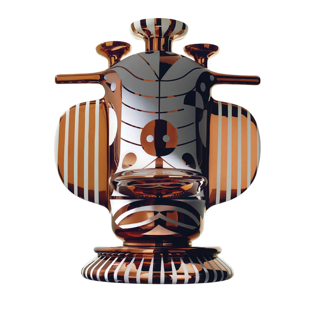 DUCK ELEPHANT SATIN WHITE CERAMIC WITH COPPER DETAILS VASE — graphic stripe panels and fantastical animal sculptural form by Jaime Hayon DUCK ELEPHANT SATIN WHITE CERAMIC WITH COPPER DETAILS VASE — graphic stripe panels and fantastical animal sculptural form by Jaime Hayon