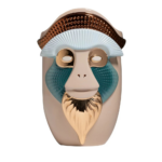PRIMATES BRAZZA GLOSSY BEIGE CERAMIC WITH METAL DETAILS VASE — face vase with gold eyes and beard, teal cheek pads by Elena Salmistraro