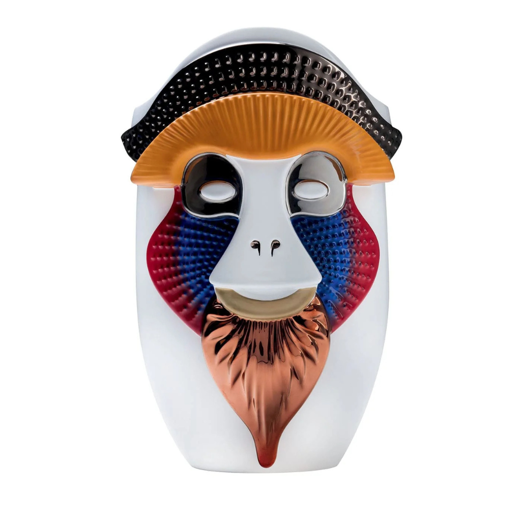 PRIMATES BRAZZA VASE GLOSSY WHITE CERAMIC WITH METAL DETAILS — blue-red cheek pads vase with copper beard, orange brow and chrome crown by Elena Salmistraro PRIMATES BRAZZA VASE GLOSSY WHITE CERAMIC WITH METAL DETAILS — blue-red cheek pads vase with copper beard, orange brow and chrome crown by Elena Salmistraro