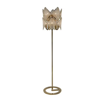 HOLLY FLOOR LAMP BY ROBERTO LAZZERONI with overlapping diamond-shaped crystal panels and slender gold metal pole, 68.9 inches tall, front view