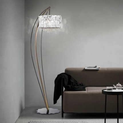 CRYSTAL BLADE FLOOR LAMP WITH BLACK AUBERGINE FINISH with textured drum shade and dark scalloped base, 74.8 inches tall, three-quarter view