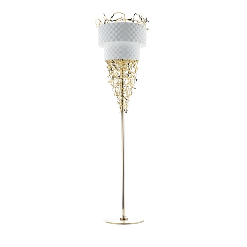 GROOVY WHITE VELVET AND LIGHT GOLD FLOOR LAMP with velvet drum shade and cascading gold branch tendrils, 70.9 inches tall, front view