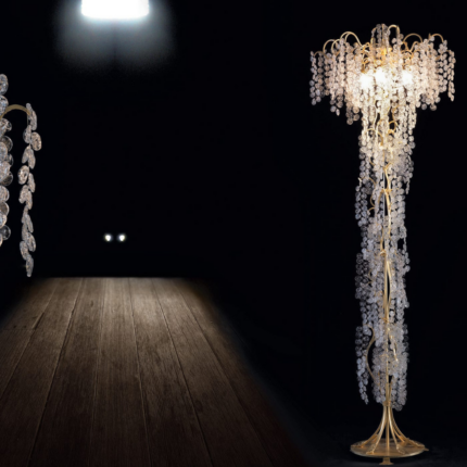 STARDUST GOLD FLOOR LAMP with dense cascading strings of pink and lavender round glass crystal petals, 78.7 inches tall, front view